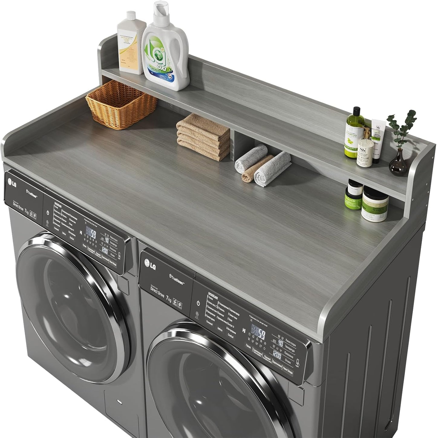 2-Tier Washer and Dryer Countertop with 2.75" H Guard,54" W x 27.5" D Laundry Countertop Cover with Non-Slip Pad,Large Space Laundry Topper for Folding Clothes Over Washer and Dryer-White