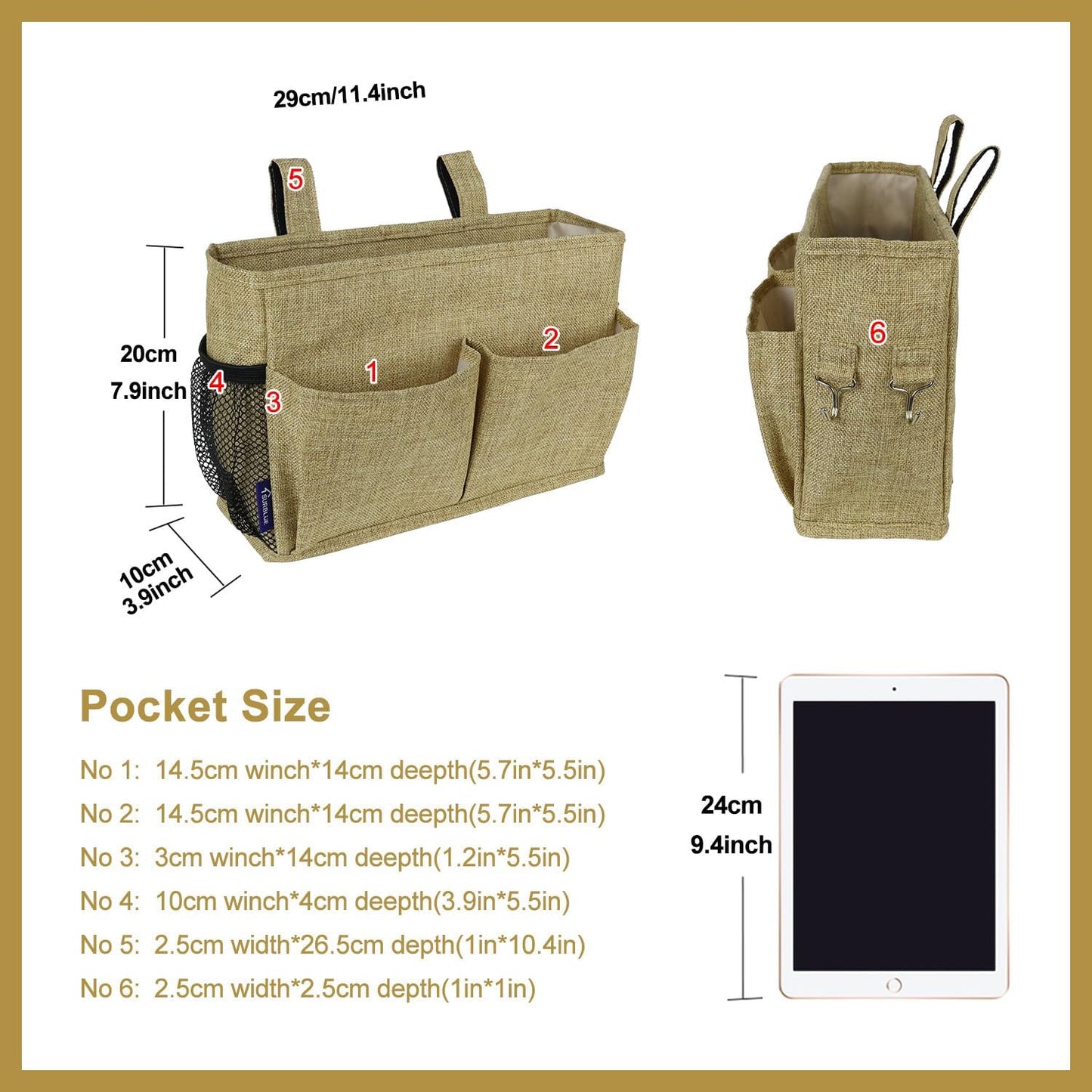 Surblue Bedside Caddy Hanging Organizer Storage Bag Pocket for Bunk, Hospital, College Dorm Rooms, Baby Bed Rails, Camp - 4 Pockets, 2 Hooks (Blue)