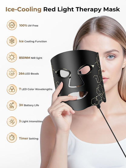 Red Light Therapy Mask with Cooling Gel Pack, 7-Color NIR 850nm LED Face Mask, LED Light Therapy Mask (E106A) with Rechargeable Remote - 180 Mins Use, Red Light Mask Home Travel Gift, Black