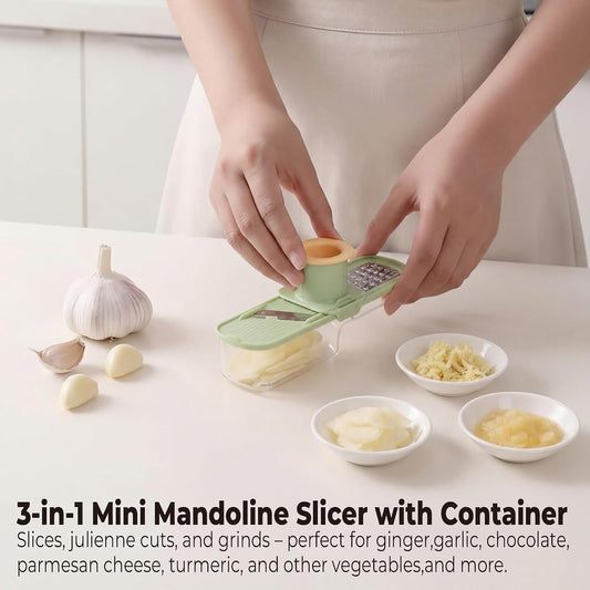 Mini Mandoline Slicer 3 in 1 – Vegetable Chopper with Container, Ginger Garlic Grater, Handheld Kitchen Tool
