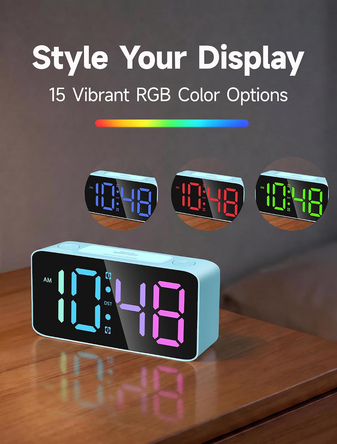 Cadmos 110dB Extra Loud Alarm Clock for Heavy Sleepers Adults, Digital Clock with 7 Color Night Light, RGB Display, Dual USB Charger, Small Clocks for Bedrooms, Kids, Teens (White+RGB)