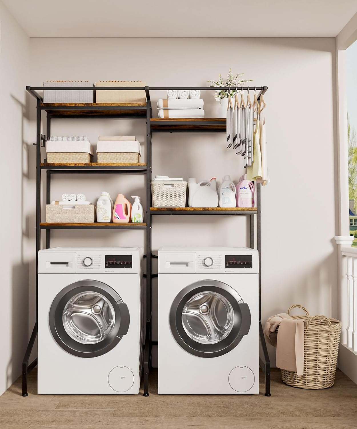 Homde Over The Washer and Dryer Storage Shelf: 5-Tier Heavy Duty | Laundry Room Organizer Standing Shelf with Hanger Rod & Anti-Tip - Space Saving Rust Proof Shelving for Bathroom Balcony