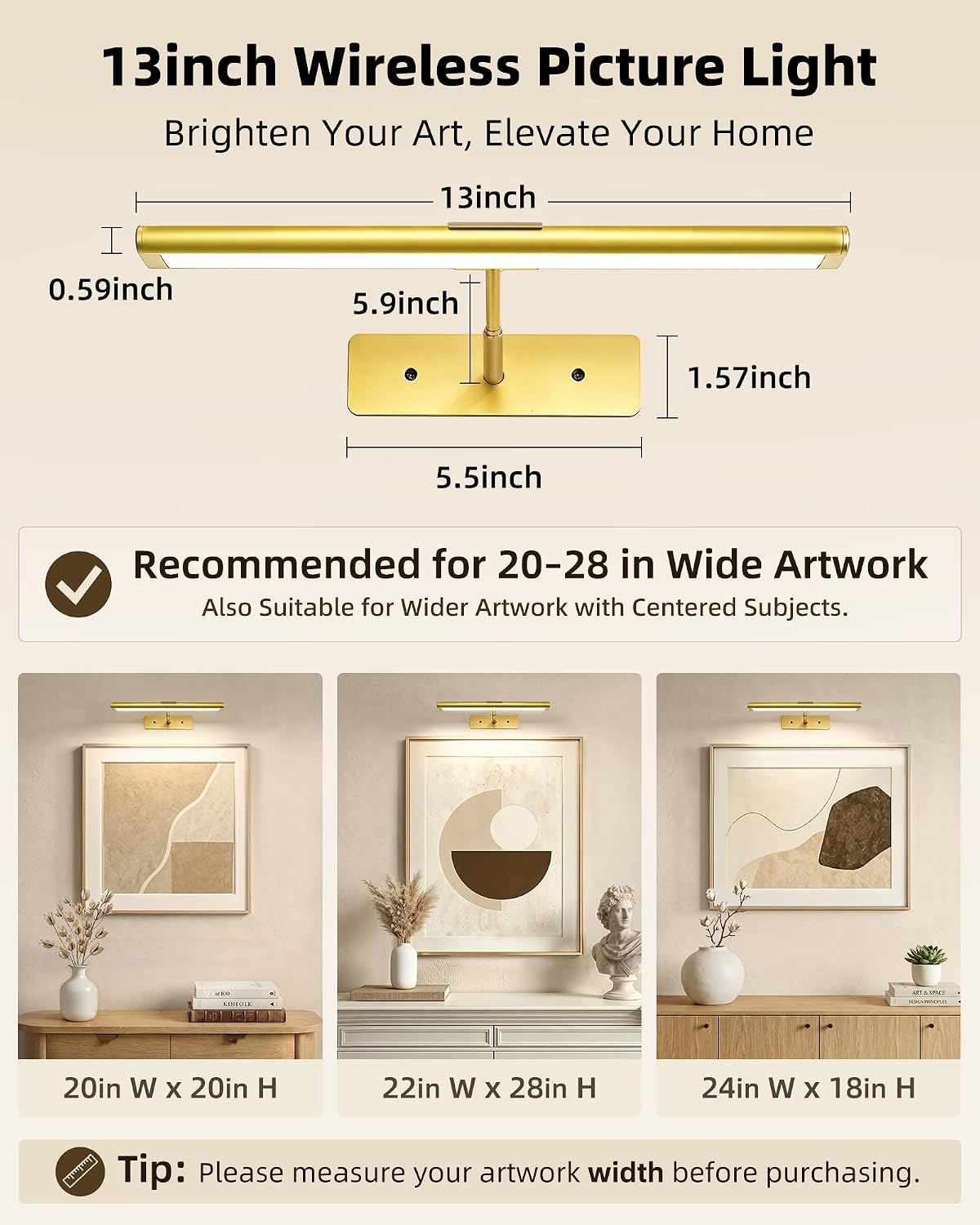 EZVALO Picture Light for Wall, 4800mAh Rechargeable Wireless Gold Light with IR Remote, Dimmable Magnetic LED Art Display Light with 3 Color Temperatures, for Gallery, Living Room, Bedroom