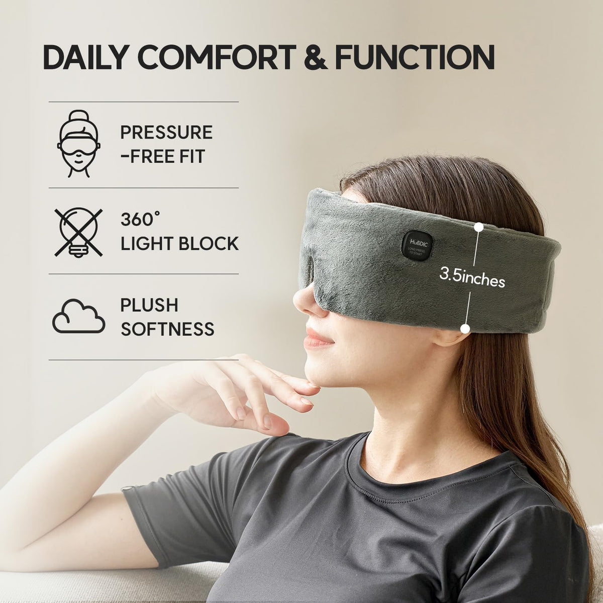 HubiCare Plush Heated Sleep Eye Mask with 2500mAh Battery, Ultra-Soft Warm Compress for Dry Eyes & Relaxation, 3 Heat Levels, Auto-Off Timer, Portable Adjustable Eye Warmer