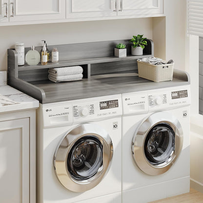 2-Tier Washer Dryer Countertop with 2.75" H Edge Rails, 54" W x 27.55" D Laundry Countertop for Folding Clothes, Washer and Dryer Topper with Non-Slip Pad (Dark Walnut)