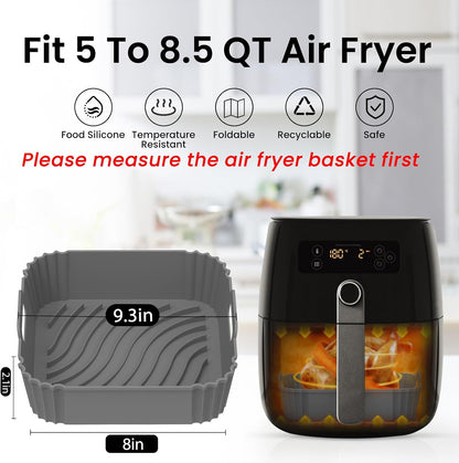 Redfly 2 Pack Silicone Air Fryer Liners, Square Reusable Non-Stick Basket Inserts for 4-5 QT Air Fryers, Dishwasher Safe Parchment Paper Replacement Accessories Gray & Black