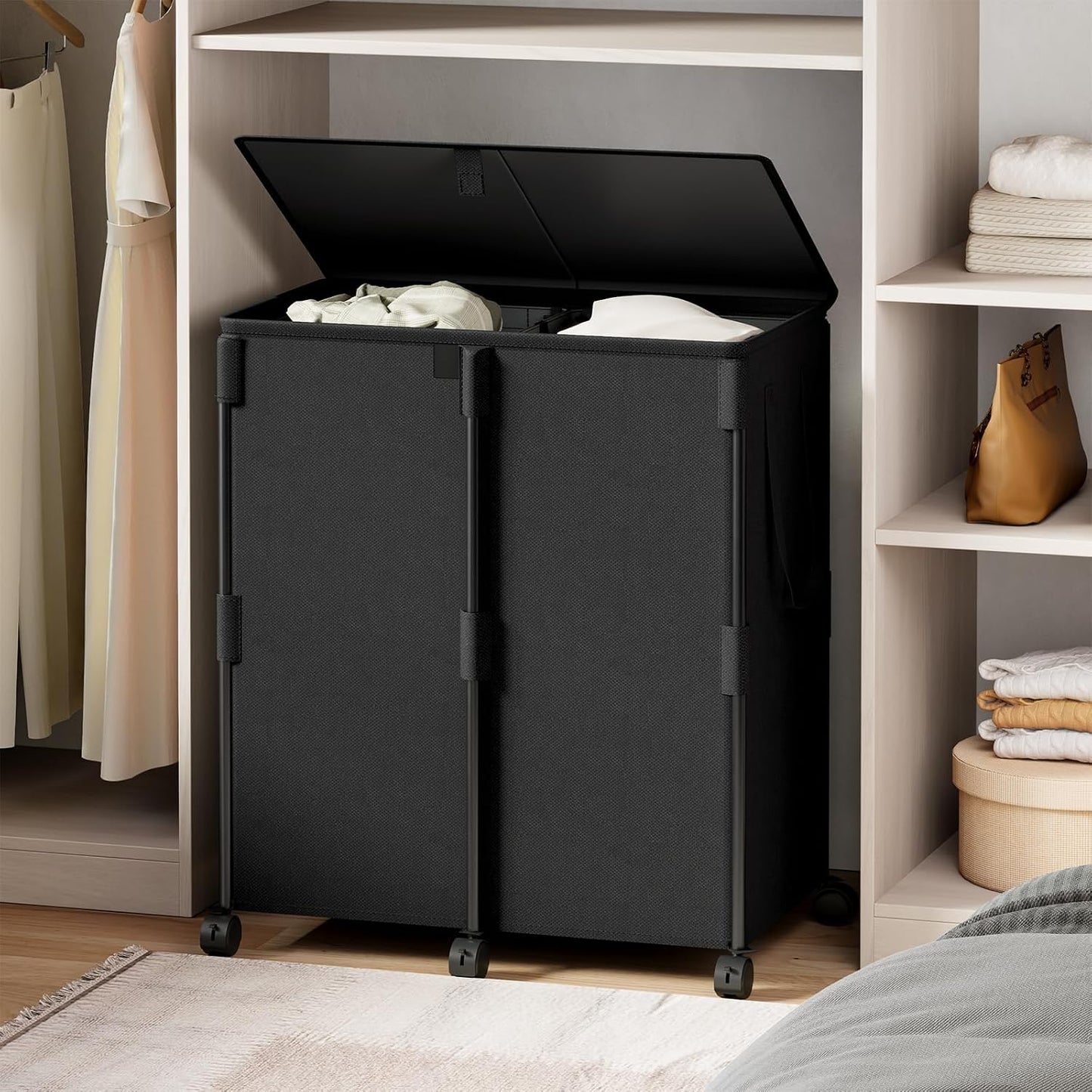 140L Double Laundry Hamper with Lid and 6 Wheels, Rolling Laundry Basket | Gasvadivum Metal Frame Laundry Sorter 2 Section with 2 Removable Bags, Large Clothes Cart for Bedroom, Bathroom, Black