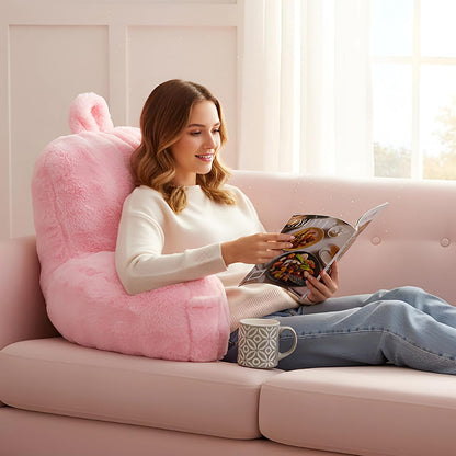 Faux Fur Reading Pillow for Sitting in Bed, Large Backrest Bed Pillow with Arms, Back Support Pillow for Lounging Bedrest, Beige