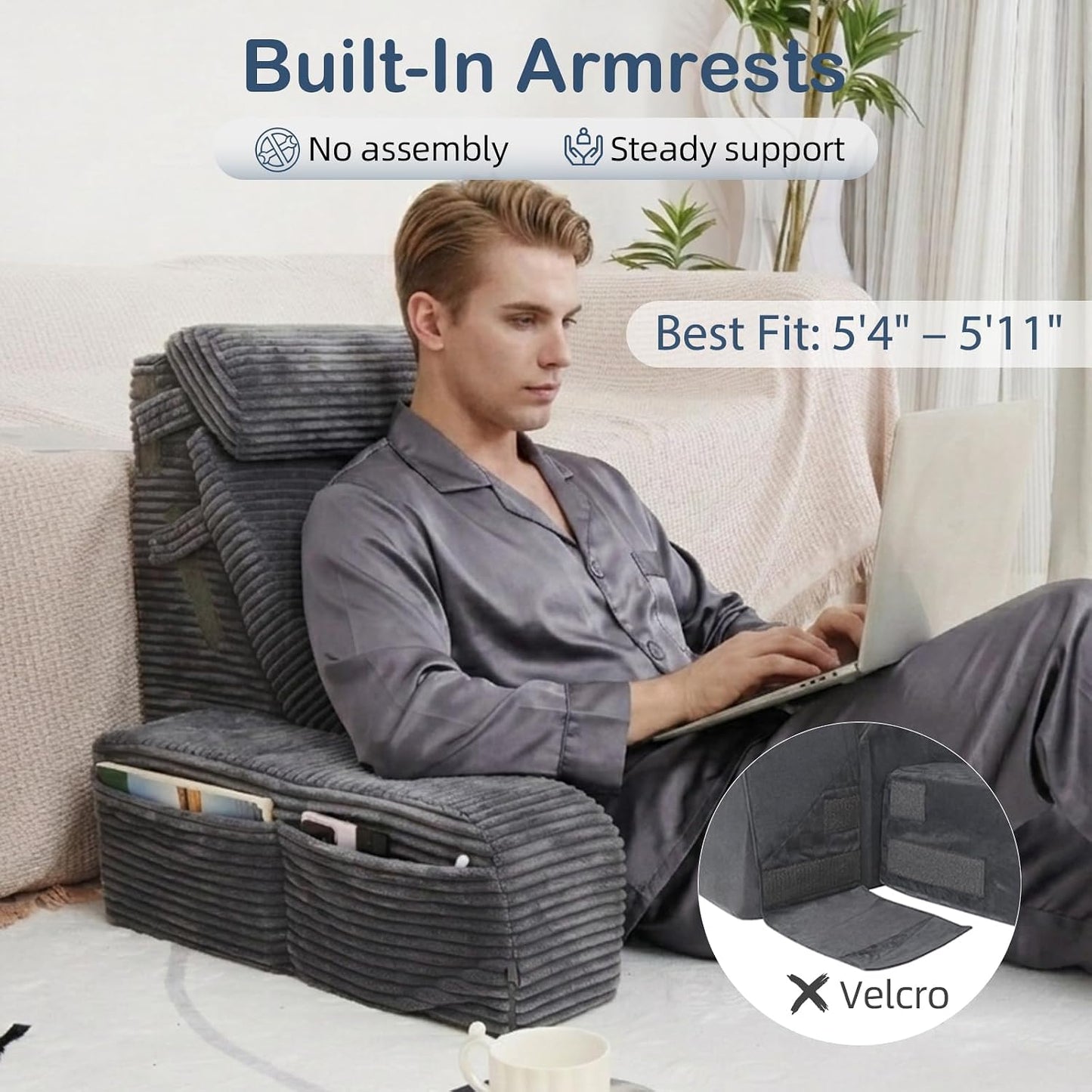 Vekkia 21" Reading Pillow for Adults with Armrests and Adjustable Backrest | Back Support, Washable Cover, XL Pockets, Multi-Density Foam for Zoned Support, Ideal for Reading TV Relaxing Gaming, Gray