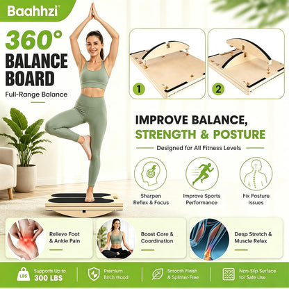 3-in-1 Slant Board Calf Stretch Balance Board | 6 Angle Adjustable, 180/360° Rotate, Anti-Slip 300lbs Capacity, Training Poster for Therapy, Core & Standing Desk Workout