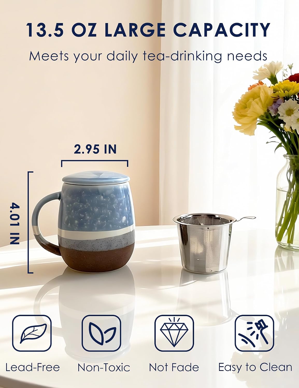 SISETOP 13.5 OZ Large Tea Cup with Infuser and Lid, Reactive Glaze Tea Infuser Mug, Ceramic Loose Leaf Teacup for Brewing, Microwave & Dishwasher Safe, Pale Blue