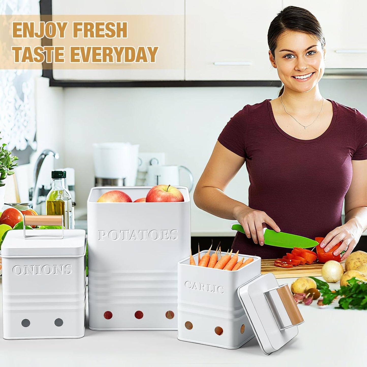 3 Pcs Potato Onion Garlic Storage Bin Metal Vegetable Keeper Container with Lid Aerating Hole Farmhouse Style for Kitchen Counter Pantry Sweet-potato Carrot Fruit Keep Fresh Longer (White)