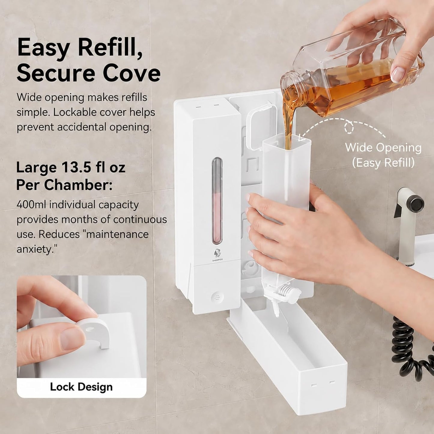 Shampoo and Conditioner Dispenser - Wall-Mounted 3-Chamber Shower Soap Dispenser, No-Drill, 1200ML Capacity, for Bathroom & Hotel