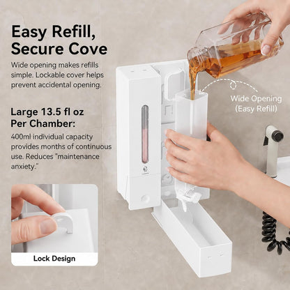Shampoo and Conditioner Dispenser - Wall-Mounted 3-Chamber Shower Soap Dispenser, No-Drill, 1200ML Capacity, for Bathroom & Hotel
