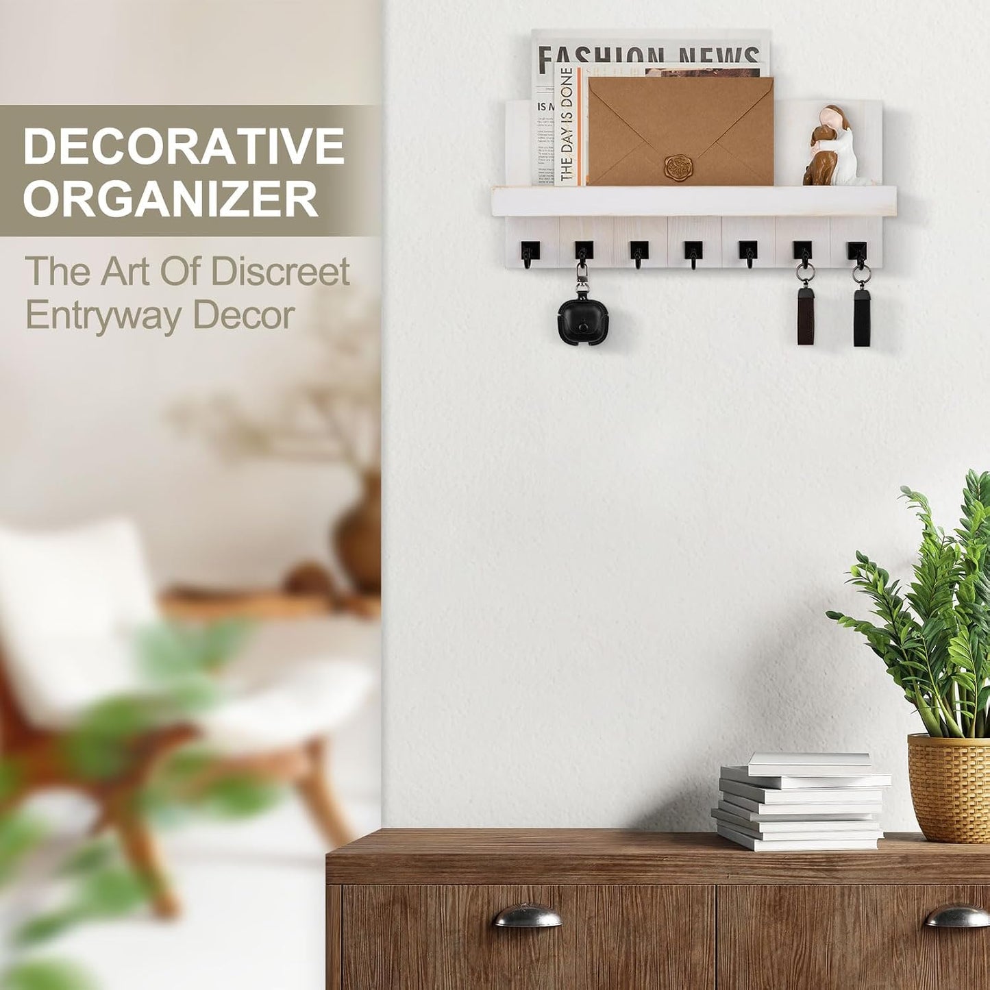 Key Holder for Wall, Decorative Key Holder with Shelf | Key and Mail Holder Wall Mount, Farmhouse Decor with 5 Key Hooks for Keys, Coats, ect.