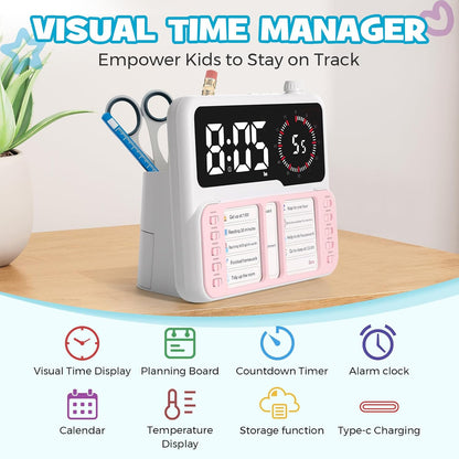 7-in-1 Visual Timer with Task Planner - Blue | ADHD Time Management Tool With Alarm, Countdown, Calendar, Temperature Display and Storage, Ideal for Home and School