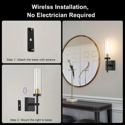 Wireless Wall Sconces with Remote Control, Battery Operated Wall Sconce Set of 2, Black & Gold Rechargeable Dimmable Wall Light for Bedroom Living room Bathroom Hallway Entryway Stairwell, 3000K