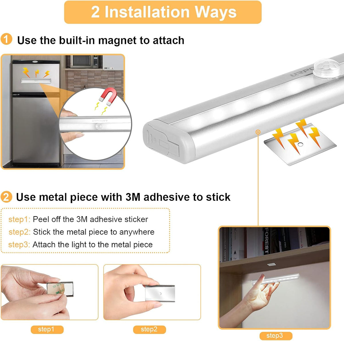 URPOWER Motion Sensor Light, 10 LED Bulbs Operated Wireless Motion Nightlight Portable Magnetic Security Closet Light Stick Up Motion Sensor Night Lights for Closets Hallway Stairway(3)