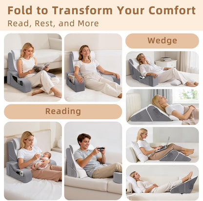 Foldable Reading Pillow for Sitting in Bed Adult, White/Grey, 19"