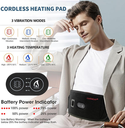 CUEHEAT Heated Waist Belt with Massage - Cordless Lower Back Heating Pad | 3 Heat Settings, 3 Vibration Modes, 7.AV Rechargeable Battery, Adjustable Fit for Wearable Lower Back Warmth