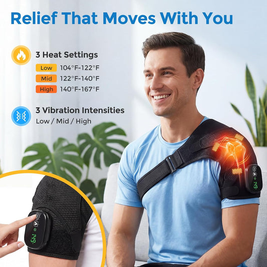 Shoulder Massager for Pain Relief Deep Tissue Shoulder Heating Pad | Cordless Heated Shoulder Brace for Frozen Shoulder & Rotator Cuff 3 Heat & Vibration Modes 5000mAh Rechargeable