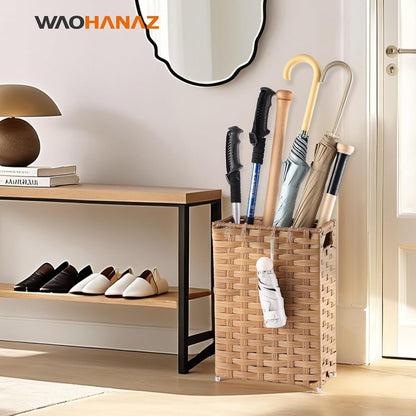 Rattan Umbrella Stand, Umbrella Holder for Entryway, Hand Woven Umbrella Rack Organizer Freestanding, with a Detachable Drip Tray, 4 Hooks, 11.8" L x 5.5" W x 16.5" H, Natural