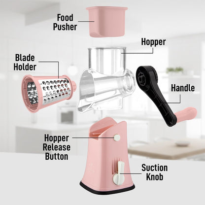 Zulay Kitchen Rotary Cheese Grater 5 Blade Cheese Shredder - Manual Hand Crank Cheese Grater With Reinforced Suction & 5 Interchangeable Drums - Easy to Use, Vegetable Chopper Round Mandoline Slicer - Colors A