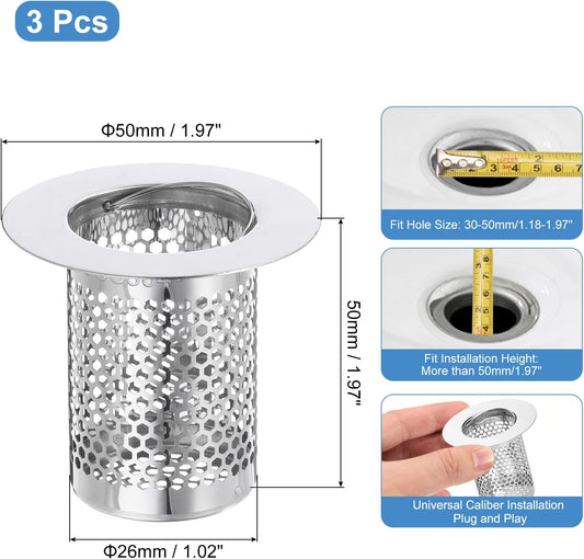 uxcell 2 Pack Shower Drain Strainer, 2" x 2.5" Stainless Steel Floor Drain Strainer Deep Sink Hair Catcher for Kitchen Bathroom Balcony Floor Drain, Fit Hole Size from 1.57" to 2.56"