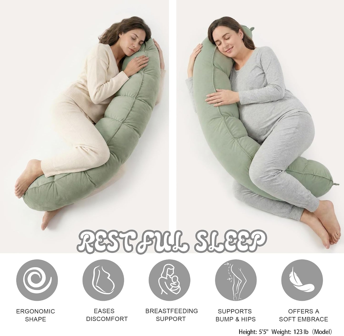 Peallow(Pat. Pend) – Long Round Body Pillow for Adults, Bolster Pillow for Sleeping, Soft and Supportive Pillow for Sleeping & Lumbar Support (Green-White, 29.5")