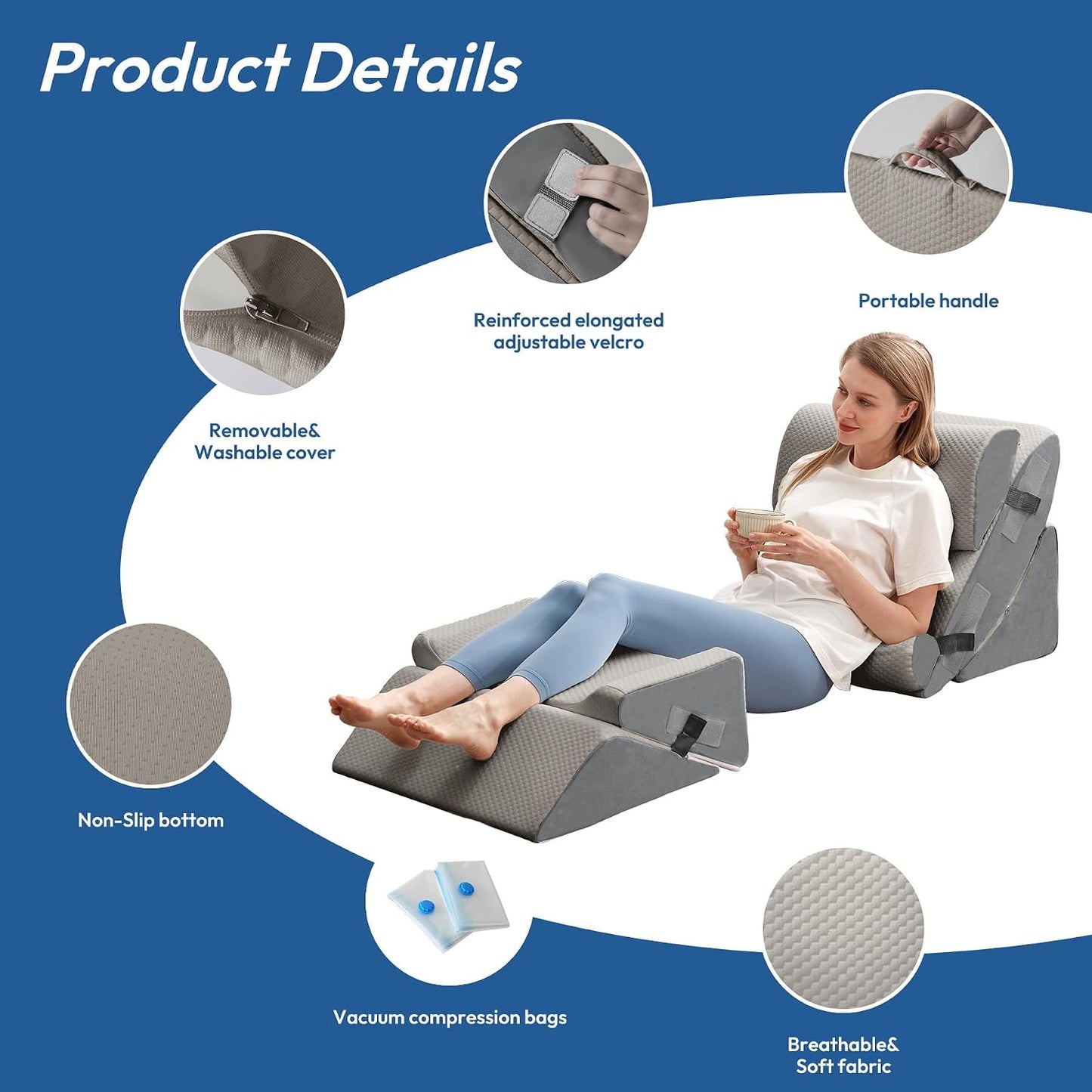 Ahpmeoa 6PCS Wedge Pillow Set for After Surgery, Back Pillow for Bed Sitting Up, Orthopedic Bed Wedge for Body, Leg Pain Relief, Memory Foam Pillow for Post Surgery, Sleeping, Acid Reflux, Plush Grey