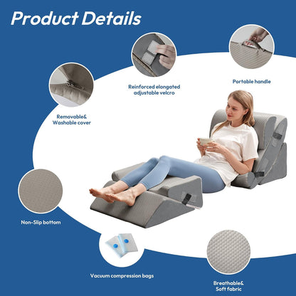 Ahpmeoa 6PCS Wedge Pillow Set for After Surgery, Back Pillow for Bed Sitting Up, Orthopedic Bed Wedge for Body, Leg Pain Relief, Memory Foam Pillow for Post Surgery, Sleeping, Acid Reflux, Plush Grey