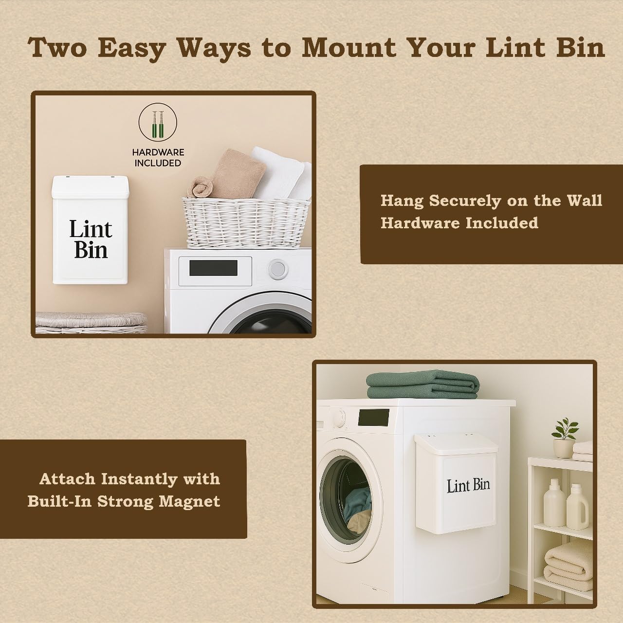 Magnetic Lint Bin for Laundry Room Organization & Storage, Wall-Mounted Dryer Lint Bin Trash Can with Lid, Lint Box Includes Brush, 2 White Hooks, 1 Black Hook, Screws & Magnet Glue (White)
