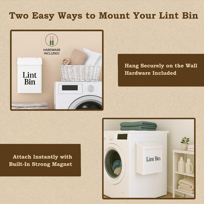 Magnetic Lint Bin for Laundry Room Organization & Storage, Wall-Mounted Dryer Lint Bin Trash Can with Lid, Lint Box Includes Brush, 2 White Hooks, 1 Black Hook, Screws & Magnet Glue (White)