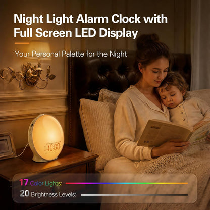 JALL Full-Screen Wake Up Light Sunrise Alarm Clocks for Bedrooms, White Noise Machine for Heavy Sleepers, 25 Natural Sounds, Dual Alarms, FM Radio, 17 Dimmable Colors, Bluetooth Speaker