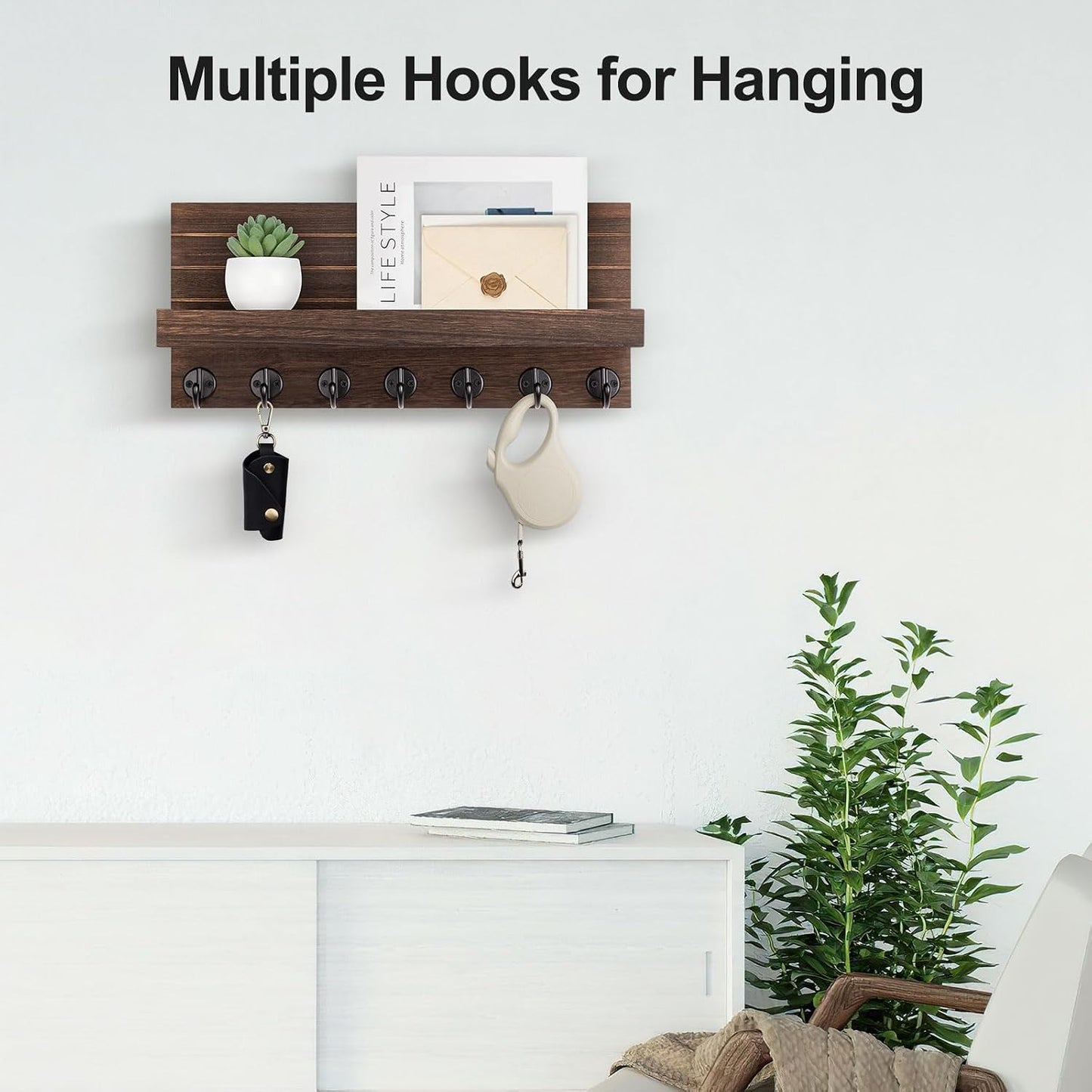 Lwenki Key Holder Wall Mount, Entryway Key and Mail Holder with 7 Sturdy Hooks for Sunglasses, Dog Leash, Decorative Wall Shelf with Mounting Hardware, 15”W x 6.7”H x 4.2”D