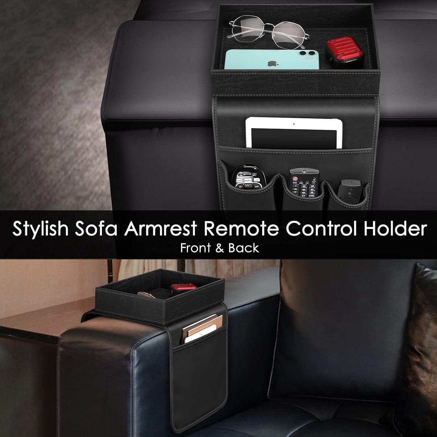 SITHON Sofa Remote Control Holder with Detachable Tray [Non Slip] | PU Leather Chair Couch Armrest Organizer Caddy with 5 Pockets for Magazines Phone iPad Remote Game Controller Eyeglasses