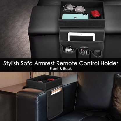 SITHON Sofa Remote Control Holder with Detachable Tray [Non Slip] | PU Leather Chair Couch Armrest Organizer Caddy with 5 Pockets for Magazines Phone iPad Remote Game Controller Eyeglasses