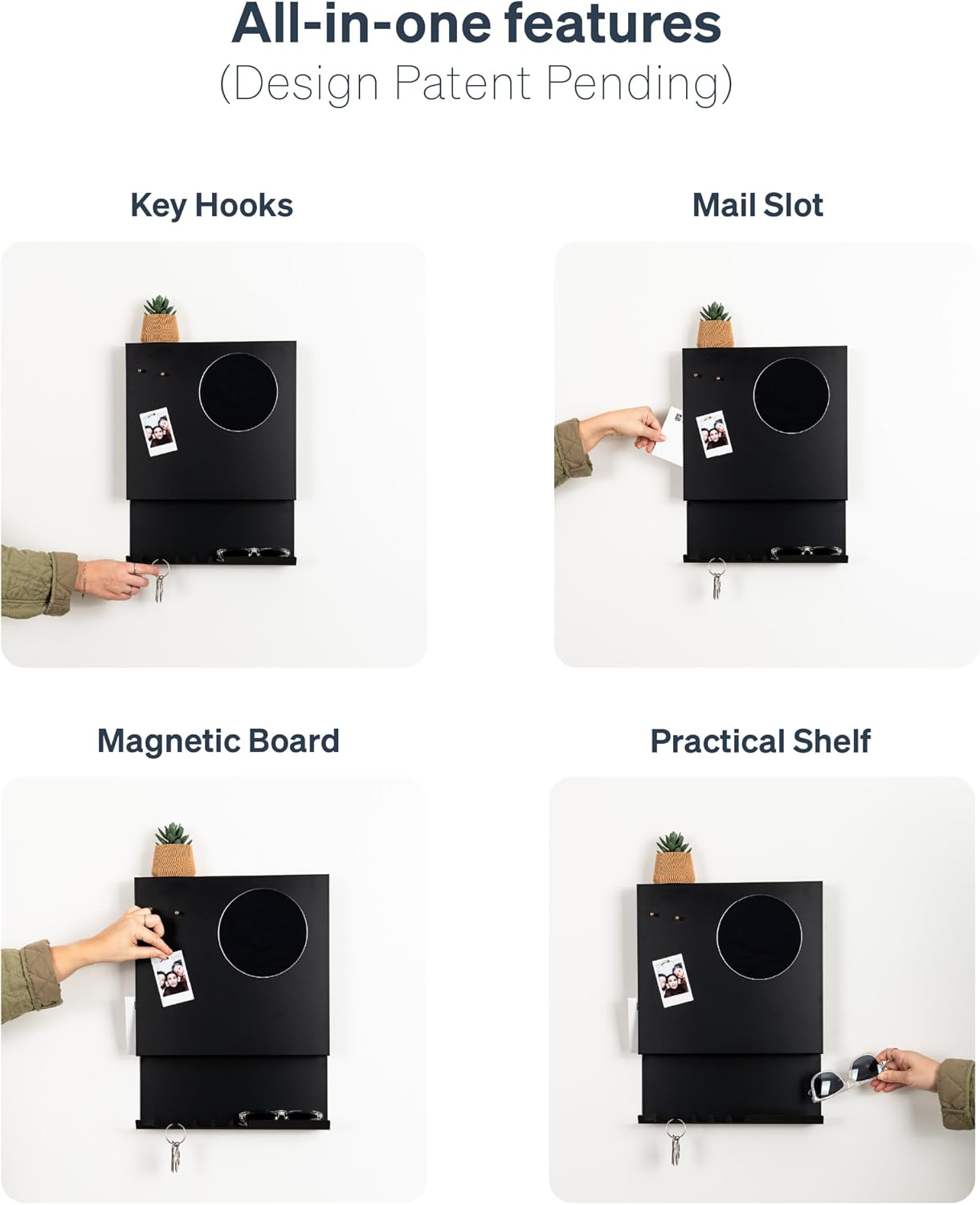 Key Holder Wall Mount and Mail Organizer - Hide Your Mail with a Modern and Minimal Look (Black)