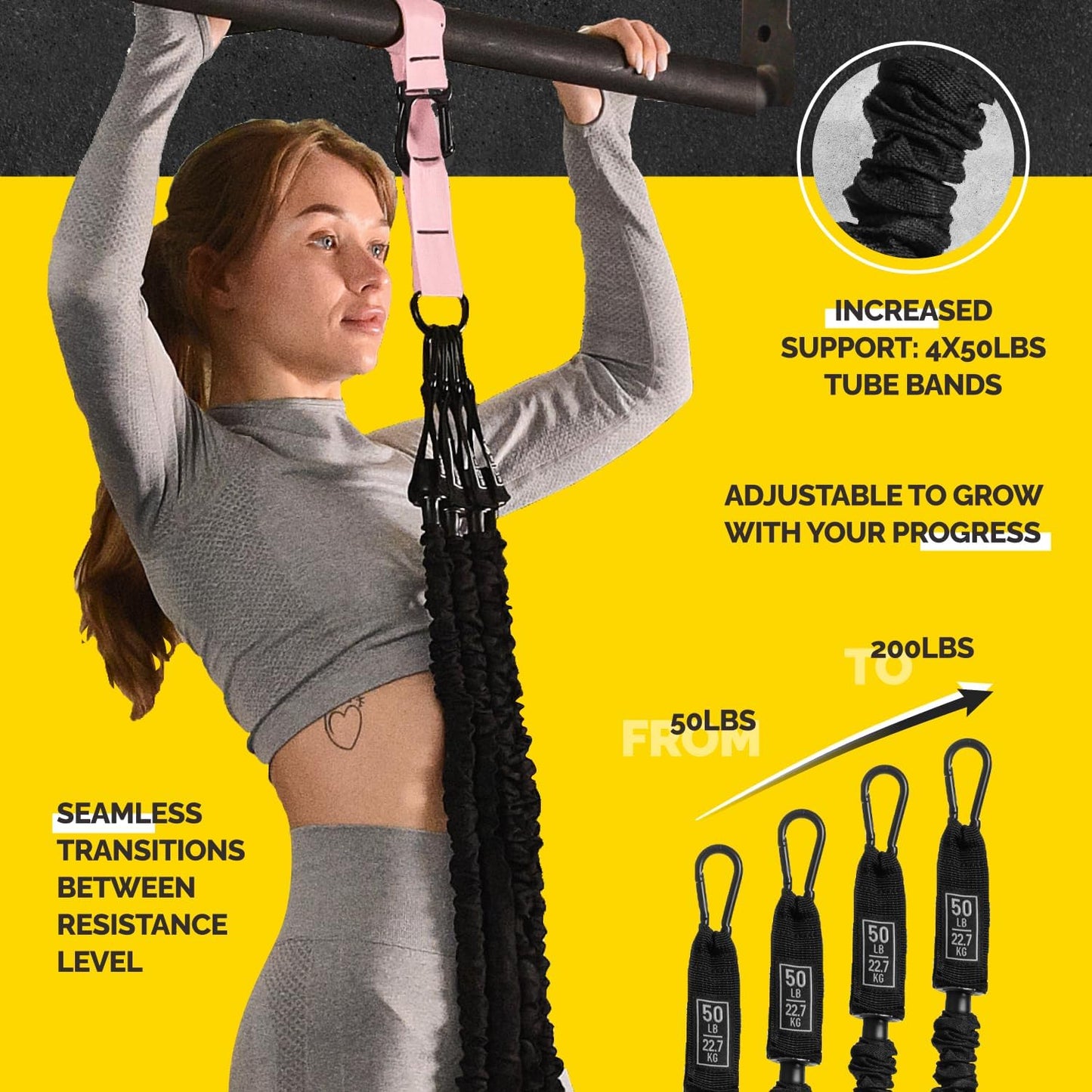 Pull Up Assistance Bands Set with 4 Levels, Adjustable Strap and Foot Rest | 50–200 lb stackable pull-up assistance, nylon-sleeved bands, adjustable support, reduced snap-back risk