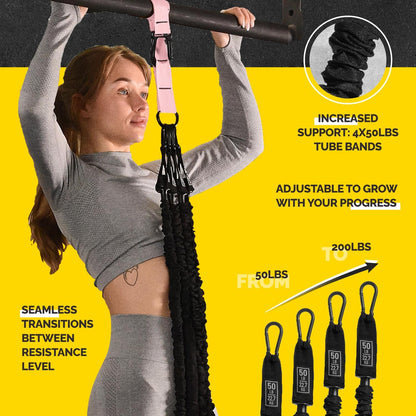 Pull Up Assistance Bands Set with 4 Levels, Adjustable Strap and Foot Rest | 50–200 lb stackable pull-up assistance, nylon-sleeved bands, adjustable support, reduced snap-back risk