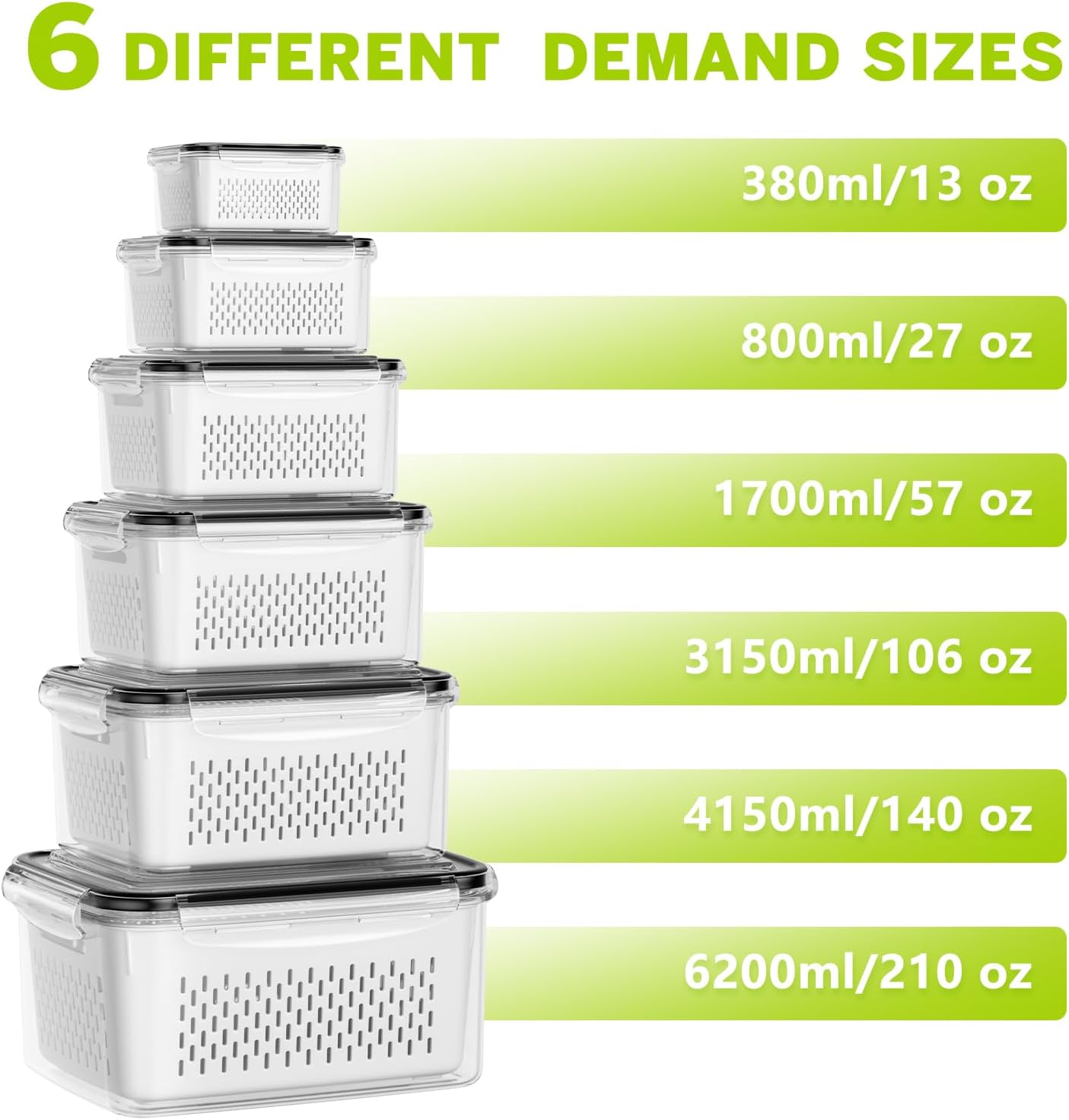 5 Pack Fruit Storage Containers for Fridge, Plastic Fruit Containers Set | with Removable Colanders, Leakproof Fridge Organizers and Storage for Berry Vegetables Salad Lettuce Meat, Dishwasher Safe