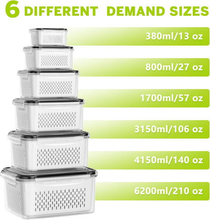 5 Pack Fruit Storage Containers for Fridge, Plastic Fruit Containers Set | with Removable Colanders, Leakproof Fridge Organizers and Storage for Berry Vegetables Salad Lettuce Meat, Dishwasher Safe