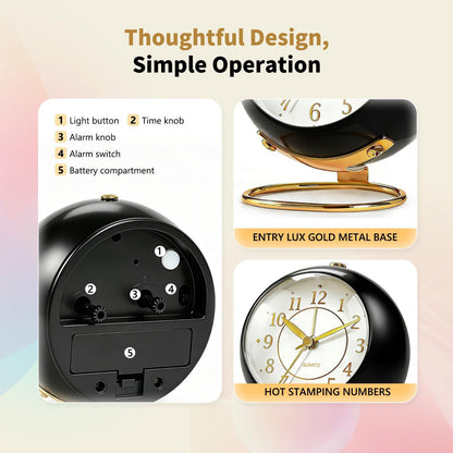 Analog Alarm Clock, Retro Small Desk Clock with Night Light, Backlight Cute Simple Design, Silent Non-Ticking, Battery Powered, Clock for Bedroom,Travel,Kitchen,Bedside Desktop Decor