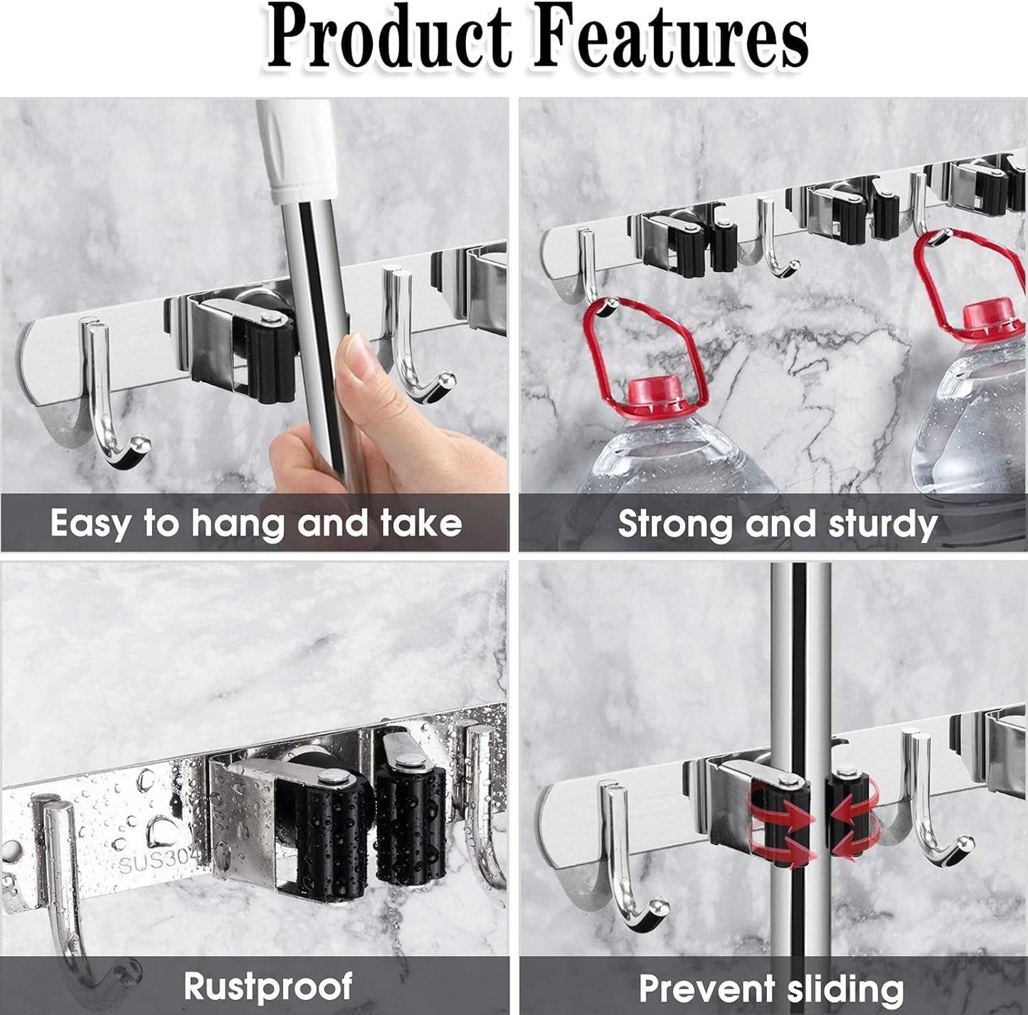 AceMining Broom Holder Wall Mount, 5 Racks 4 Hooks Heavy Duty Mop Organizer | Mop Holder Wall Mount and Broom Hanger for Garage, Laundry Room, Kitchen and Utility Storage