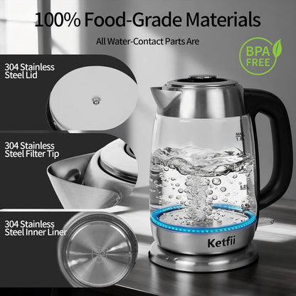 Electric Kettle 1.8 L, Stainless Steel & Glass, No Plastic, Fast Boiling | Coffee Tea Hot Water Boiler 1200W, Auto Shut Off, Boil-Dry Protection, BPA-Free, Borosilicate Glass, Removable Lid, LED Light