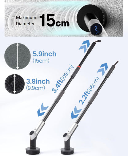 Electric Spin Scrubber, IPX7 Waterproof Shower Scrubber with 7 Brush Heads | 2.5N·m Torque Power Scrubber for Bathroom Grout Tile Bathtub Cleaning, Cordless with LED Display & Extendable Handle