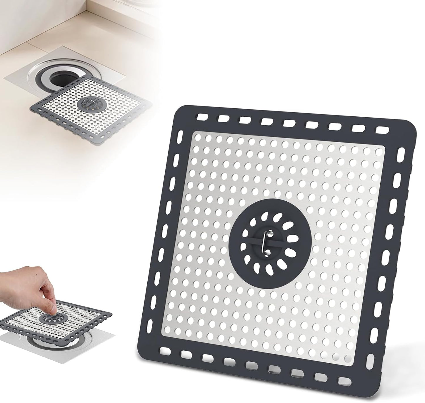 Hibbent Upgraded Shower Drain Hair Catcher for Bathroom Floor 4" Drain, Anti-Clogging Shower Drain Cover, Stainless Steel & Silicone Drain Strainer with Handle, Shower Drain Protector, Grey