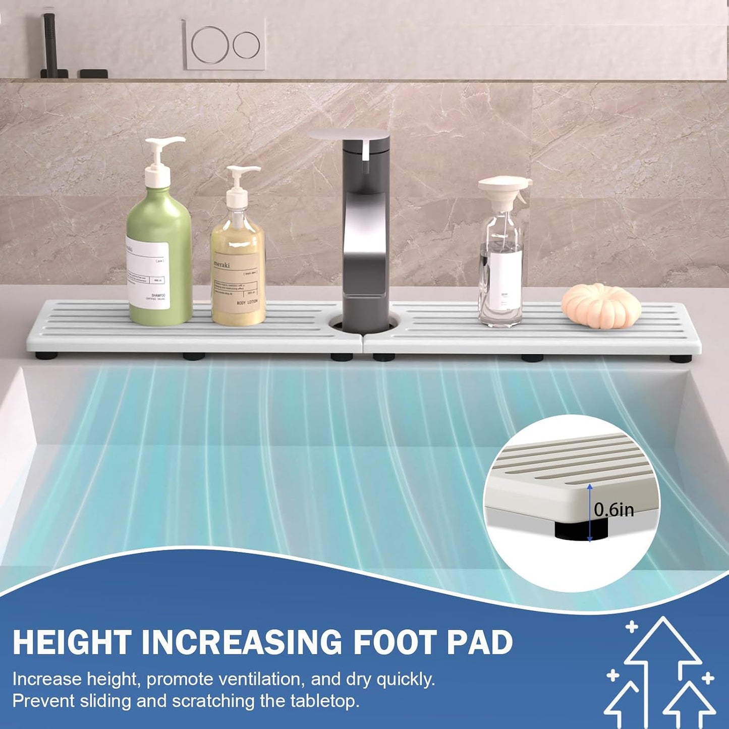 Faucet Mat for Kitchen Sink with Raised Feet, Stone Sink Mat Quick Dry around Faucet, Water Absorbent Stone Tray, Sink Splash Guard & Protectors, Stone Drying Mat for kitchen Counter