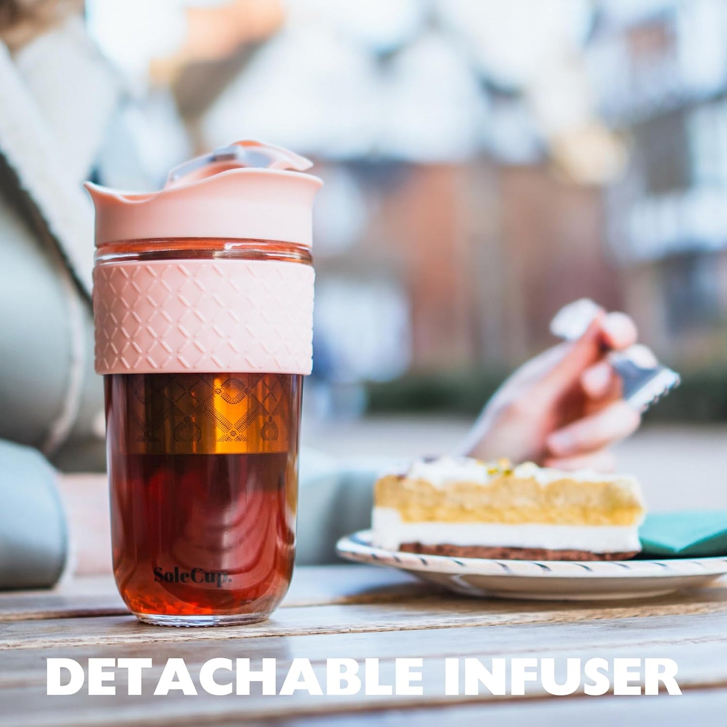 Large Travel Mug Loose Tea Infuser - Detachable Tea Strainer with Spill Proof Lid - 18oz/530ml BPA-Free Reusable Glass Travel Coffee Cup with Silicone Band (Ice Cream, 18oz)