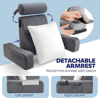 Ergonomic Reading Pillow for Bed Sitting Up, Adjustable Back Pillow with Detachable Armrests, Removable Leg Support Converts to Cylindrical Pillow, Machine Washable Cover with Pockets – Grey